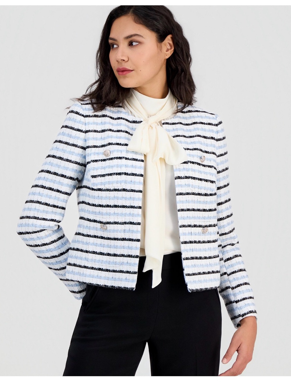 Anne Klein White and Black Striped Tweed Jacket. Size 16. NWT.